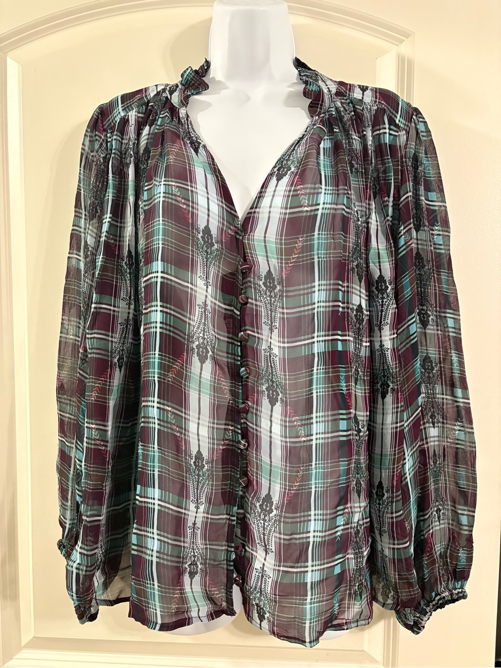 Anthropologie Maeve Sheer Plaid Boho Blouse Burgundy Teal Medium NWOT
